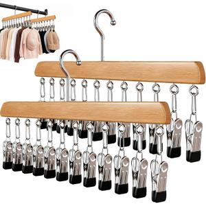 2Pcs Closet Organizer with 10 Clips, Space Saving Hanging Closet Organizer, Legging Organizers for Closets, Adjustable Stainless Steel Clips (Wood)