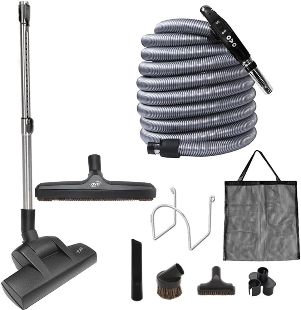 OVO Central Vacuum Deluxe Plus Kit, 50ft ON/Off Low-Voltage Hose, Air Driven Carpet Beater, 12 Premium Floor Brush, Cleaning Tools and Easy Storage Accessories