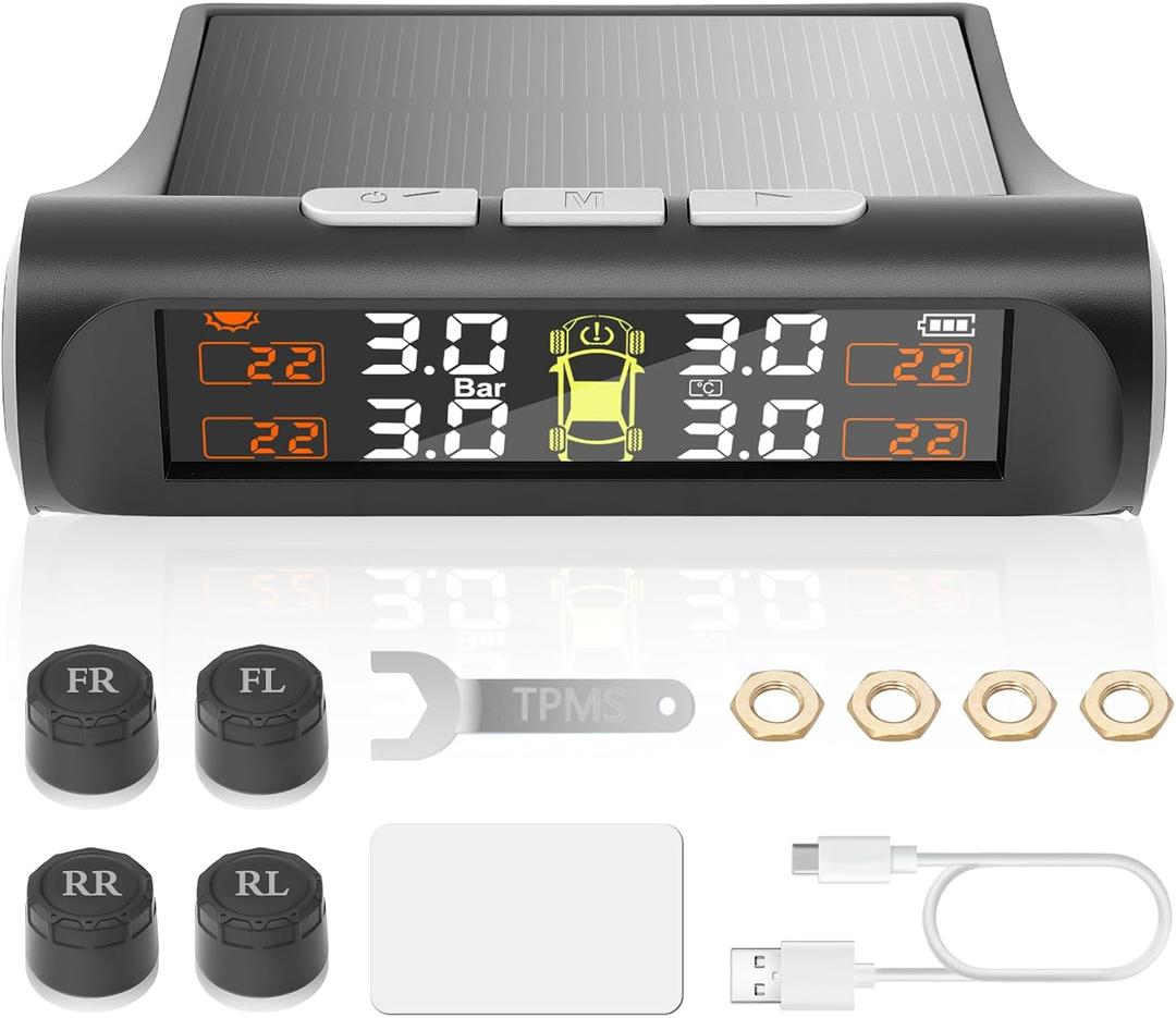 Tire Pressure Monitoring System with Solar Charge,TPMS Tire Pressure Monitor System with 4 External sensors & 5 Alarm Modes, Real Time Monitoring Pressure & Temperature,Suitable for 4 Wheeled Vehicles