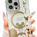 for iPhone 15 Pro Case, Cute Cartoon Mouse Pattern with Wrist Strap Kickstand, Glitter Bling IMD Design, Soft TPU Shockproof Full-Body Protection, for Girls & Women