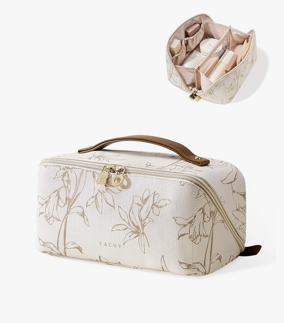 EACHY Travel Makeup Bag, Large Capacity Cosmetic Bags for Women, Waterproof Portable Pouch Open Flat Toiletry Bag Pattern Make up Bag (F-Beige)