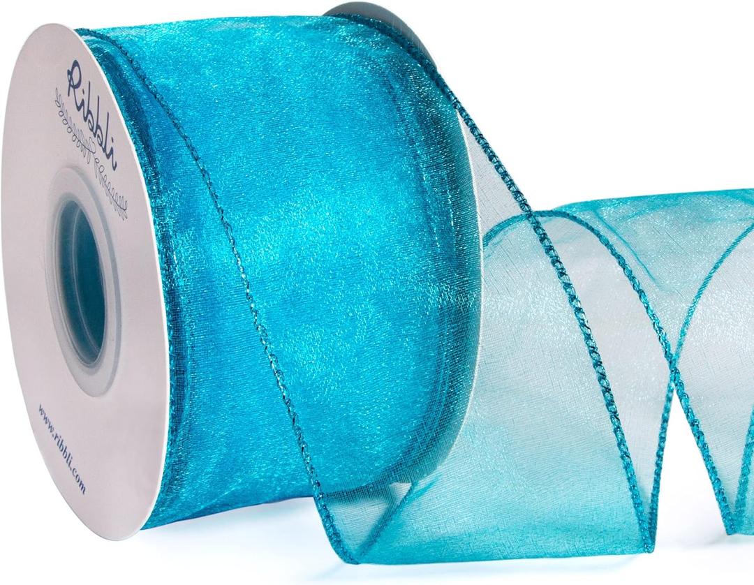 Ribbli Turquoise Blue Organza Wired Ribbon, Sheer with Metallic Edge, 2-1/2 Inch x 20 Yards Christmas Tree Ribbon for Decoration Large Gift Wrapping,Wedding Decoration