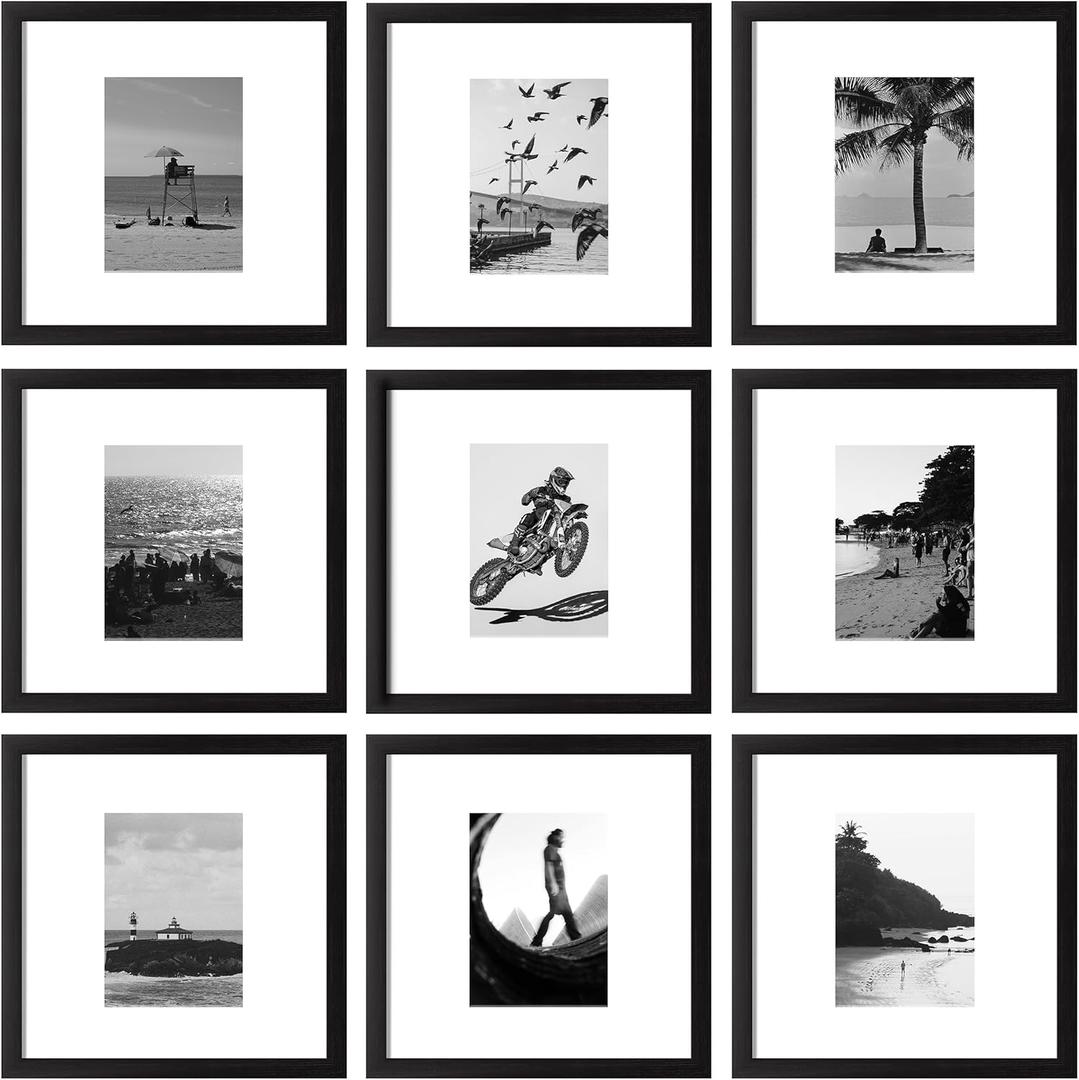 eletecpro 12x12 Picture Frames Set of 9 with 12x12 inches Mat, No Opening Free Size Mat for Multi-size Photos, Square Gallery Wall Decor, Black Collage Frame Set for Wall Hanging