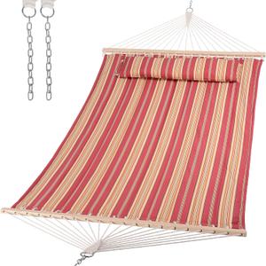 SUNCREAT Double Hammock Quilted Fabric Swing with Spreader Bar, Detachable Pillow, 55 x79 Large Hammock, Red Stripes