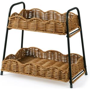 Geelin 2 Tier Stackable Cabinet Organizer Shelves 12.8" x 8.7" x 12" Kitchen Counter Shelves Natural Rattan Scalloped Wicker Basket Boho Spice Rack for Kitchen Bathroom Laundry Living Room Decoration