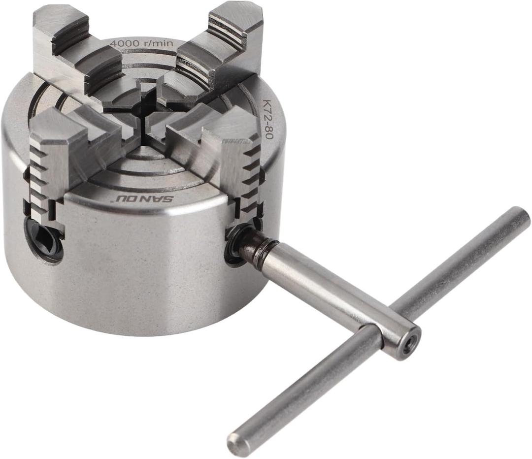Lathe Chuck, K72-80 4 Jaw 3.15 Inch 4000r per min Independent and Reversible Jaw Metal Lathe Chuck Turning Machine Accessories with 1 Hex wrench and 3 Screws
