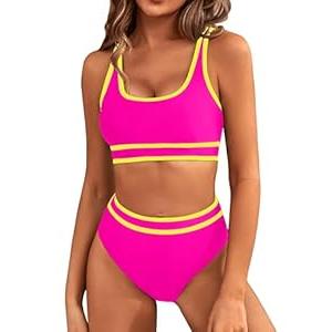 BMJL Women's High Waisted Bikini Sets Sporty Two Piece Swimsuits Color Block Cheeky High Cut Bathing Suits L