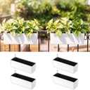 LaLaGreen Balcony Flower Boxes Over the Rail (16 Inch, 4 Pack) White Rectangular Self-Watering Railing Planters with Metal Brackets, Plastic Window Box for Outdoor Plants Herbs Deck Fence Garden