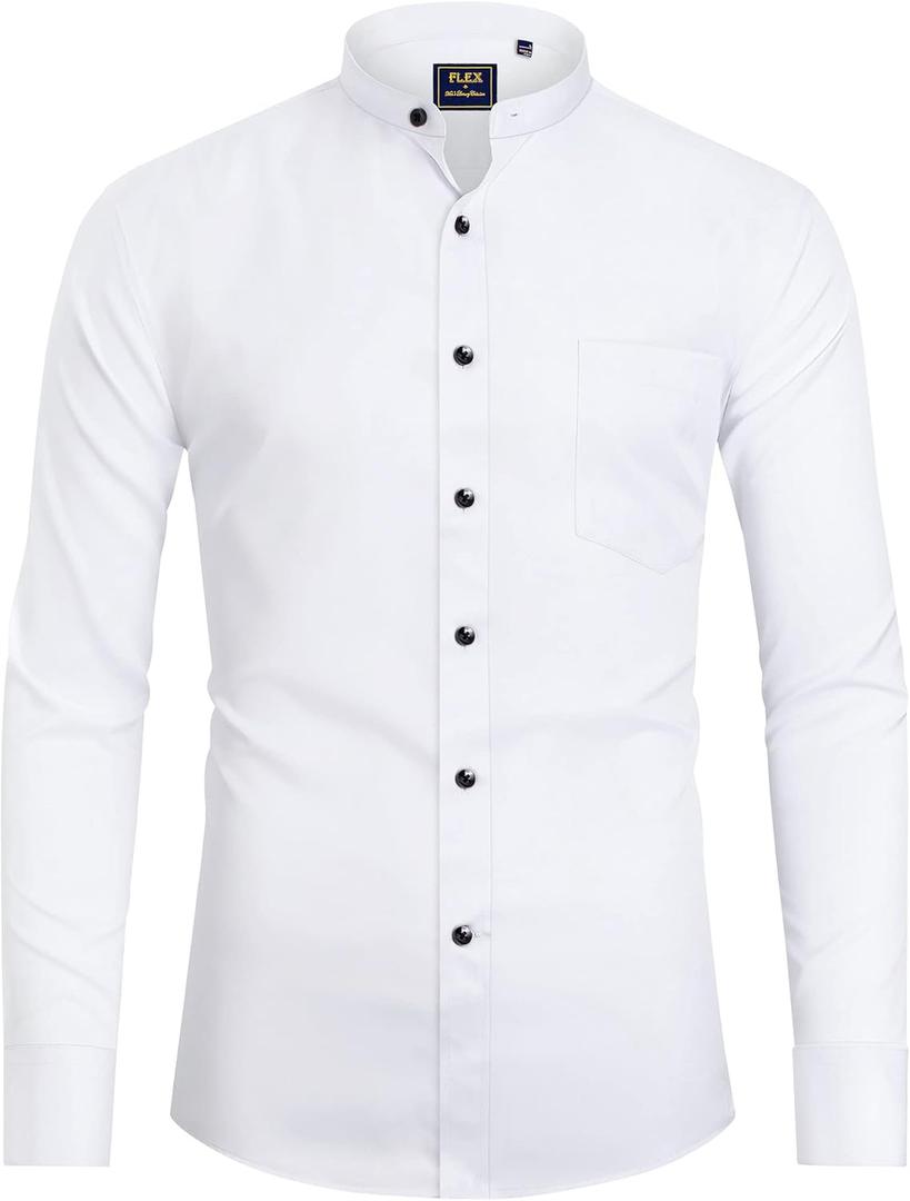 J.VER Men's Banded Collar Dress Shirt Mandarin Long Sleeve Button Down Shirts Stretch Collarless Tops with Pocket (White, L)