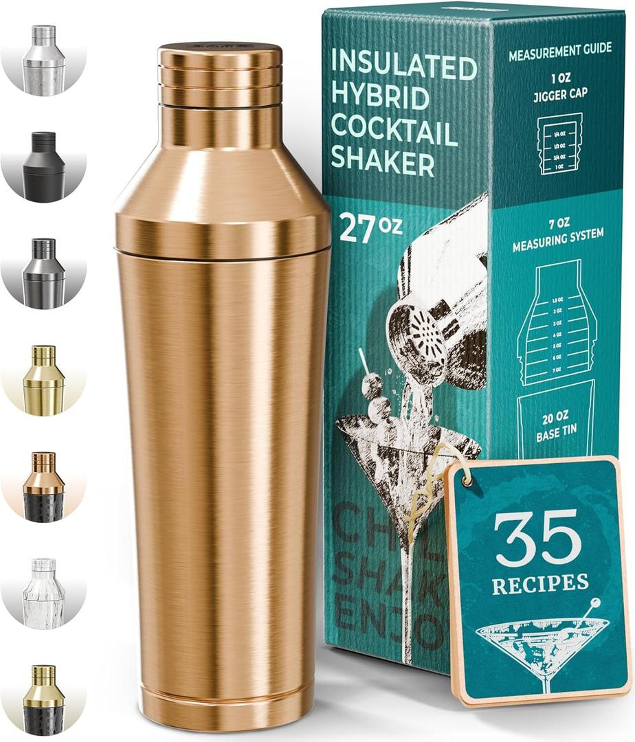 BARE BARREL Insulated Cocktail Shaker Set | Double Wall Stainless Steel | Martini Shaker for Home Bar Bartending | Built-in Drink Measure System & Strainer, Travel Bag, Recipes | Gift Set (Copper)