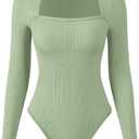 OQQ Women's Bodysuits Sexy Ribbed One Piece Square Neck Long Sleeve Tops Sauerkraut XL 1 Pack, Pea Green