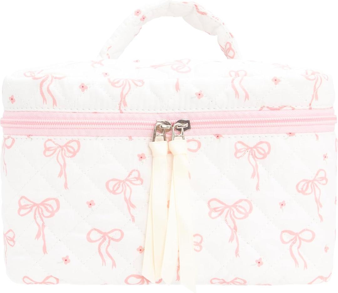 Quilted Makeup Bag Large Travel Zipper Soft Cosmetic Case for Women Girls Make Up,Bow Pink