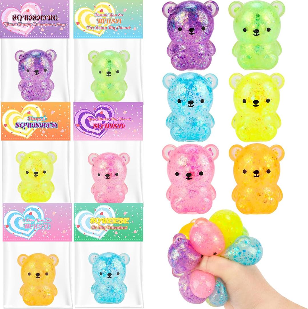 Valentines Day Cards for Kids Classroom, 24Pcs Cute Bear Squishy Toys with Valentine Cards, Valentines Day Gifts for Kids School, Valentine's Day Exchange Gifts Class Exchange Prizes