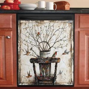 Vintage Tree Branch Bird Dishwasher Magnet Cover Kitchen Decor Dishwasher Decal, Old Wooden Chair Fridge Skin Cover Magnet Sticker (Reusable), 23"" x 26"" Magnetic, Rimyy101-8
