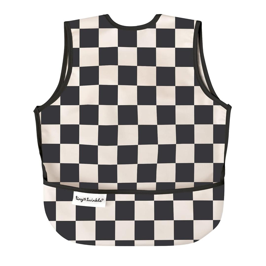 Tiny Twinkle Mess Proof Baby Bib for Boys | Waterproof Toddler Bib for Eating | Baby Apron for Feeding, Machine Washable | Perfect Shower Gift, Black Checkers, Size: Small 6-24 Months