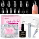 Misssix Medium Almond Gel Nail Tips Kit, 216Pcs Pre Etched Clear Fake Nails, Full Cover False Nail 9-in-1 Gel Glue and Portable Mini U V Nail Lamp for Women 12 Sizes