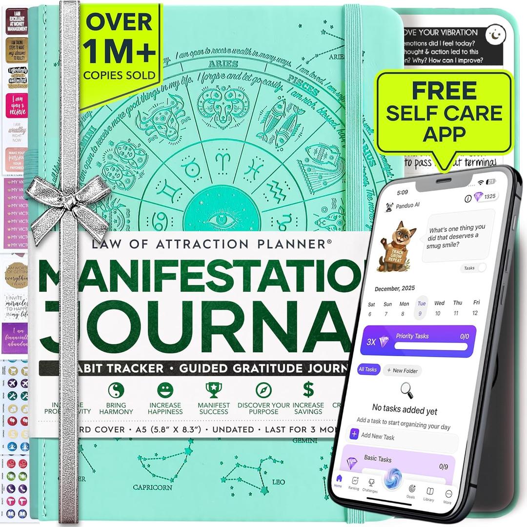 Manifestation Journal - 5 Minute Manifesting & Self Care Journal | 90-Day Undated Daily Planner for Positivity, Affirmations & Gratitude | Guided Mindfulness, Reflection | Vision Board + Stickers (Soft Turquoise Astro)