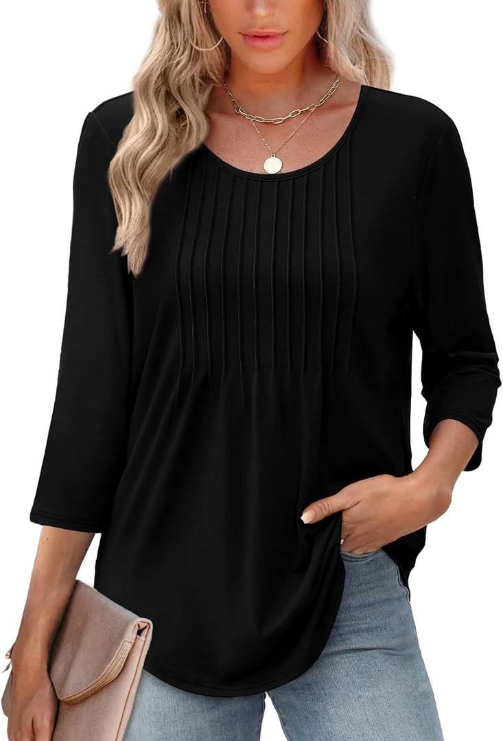 XIEERDUO 3/4 Length Sleeve Tops for Women 2025 Crewneck Casual Pleated Tunic Tops Loose Fit Shirts Blouses (Black)