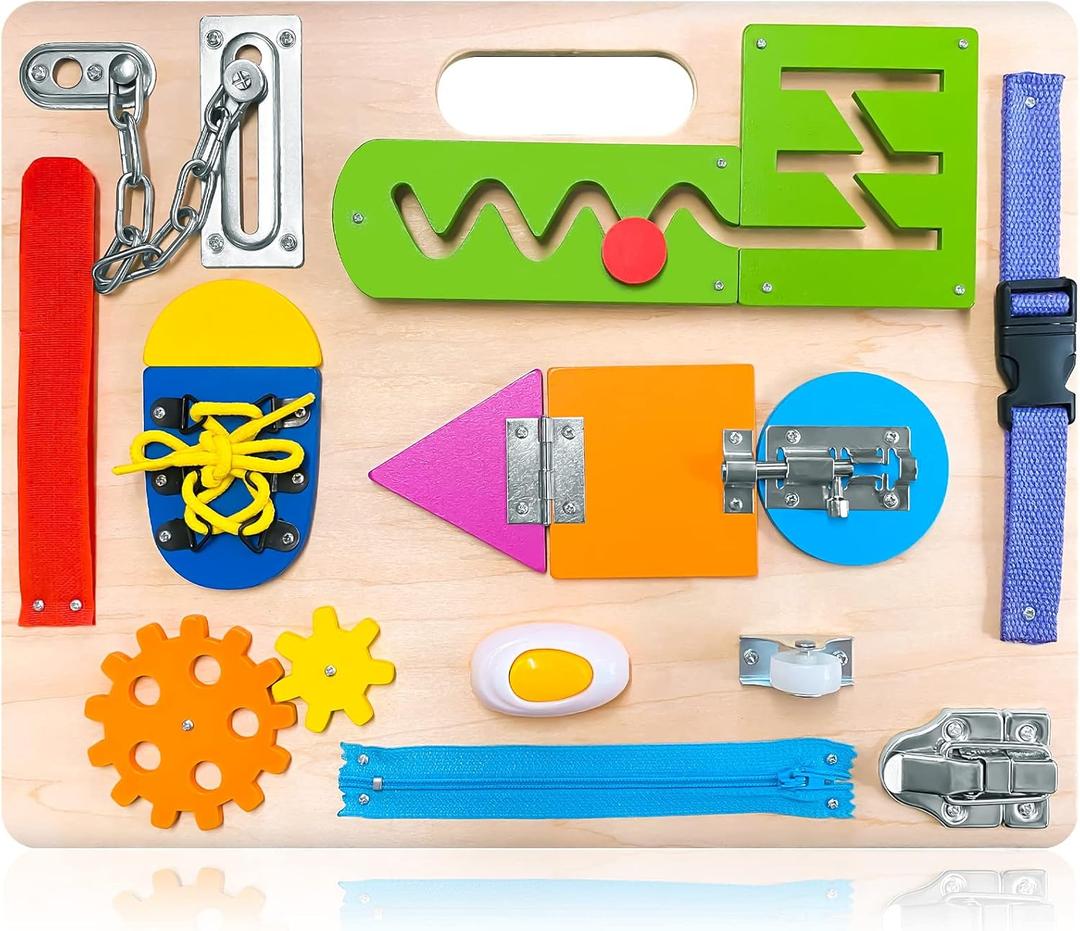 Montessori Busy Board for Toddlers, Wooden Sensory Toys, Preschool Learning Activities for Fine Motor Skills Travel Toy, Basic Life Skills Educational Gifts for 1 2 3 Years Old Kids Boys Girls (Multicolored)