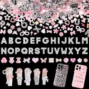 52 Pcs Silver Letter Junk Case Charms, 500 Pcs Assorted 3D Nails Charms Bow Butterfly Star Heart Pearls Pink White Acrylic Nail Art Charm, Junk Phone for Case Nails Art DIY Accessories