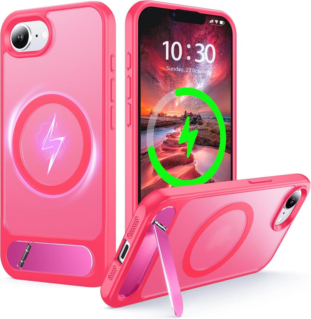Magnetic Stand for iPhone 16e/17e Case Compatible with MagSafe [Stand & Wireless Charging 2in1] [Flush Hidden Kickstand] [Military Shockproof] Slim Translucent Matte Silicone,Rose
