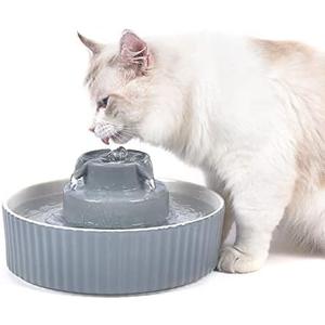 2.1L Ceramic Cat Water Fountain-for Cats and Dogs, 360 Ceramic Pet Fountain-70 Oz Large Water Capacity - Whisper-Quiet Water Flow-Great for Shy or Timid Pets - Fresh, Filtered Water (Grey)