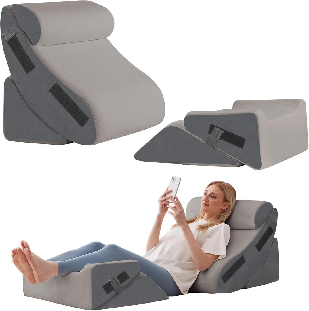 5Pcs Wedge Pillow Set for After Surgery, Orthopedic Bed Wedge Pillow Set for Post Surgery, Acid Reflux Relief, Sleeping, Back Pain Relief, Adjustable Back Pillow for Bed Sitting up, Grey