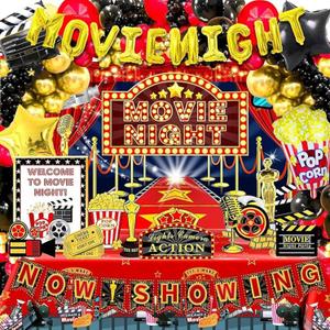121pcs Movie Night Decorations, Movie Theme Party Decorations, Movie Theater Decorations, Backdrop, Banners, Cardstocks, Tablecloth, Popcorn Clapboard Foil Balloons Arch for Movie Night Birthday Party