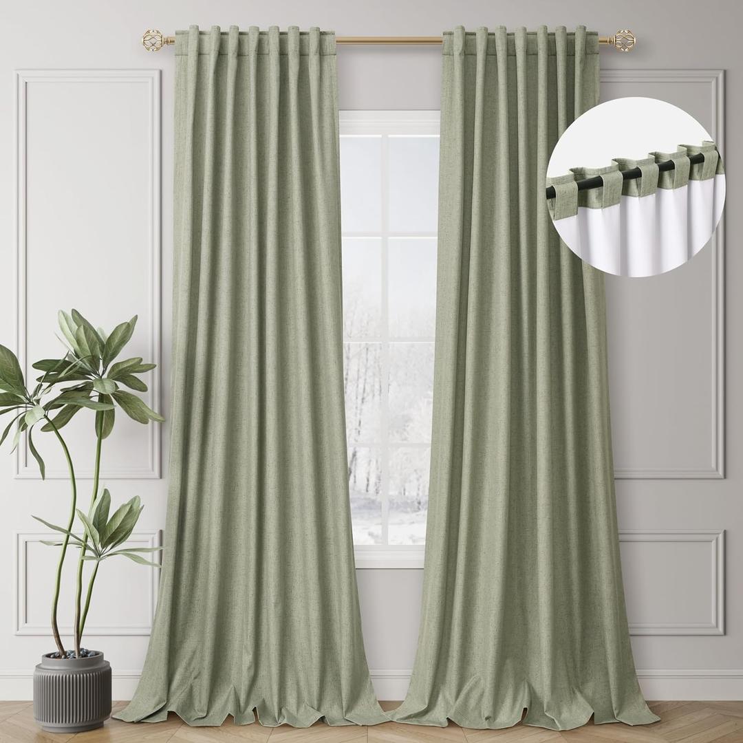 BOODII Sage Green 102 Inch Long Curtains Blackout for Bedroom Thermal Insulated Back Tab 100% Block Out Nursery Curtains 2 Panels Set Modern Aesthetic Linen Curtain Light Heat Blocking Room Darkening, 