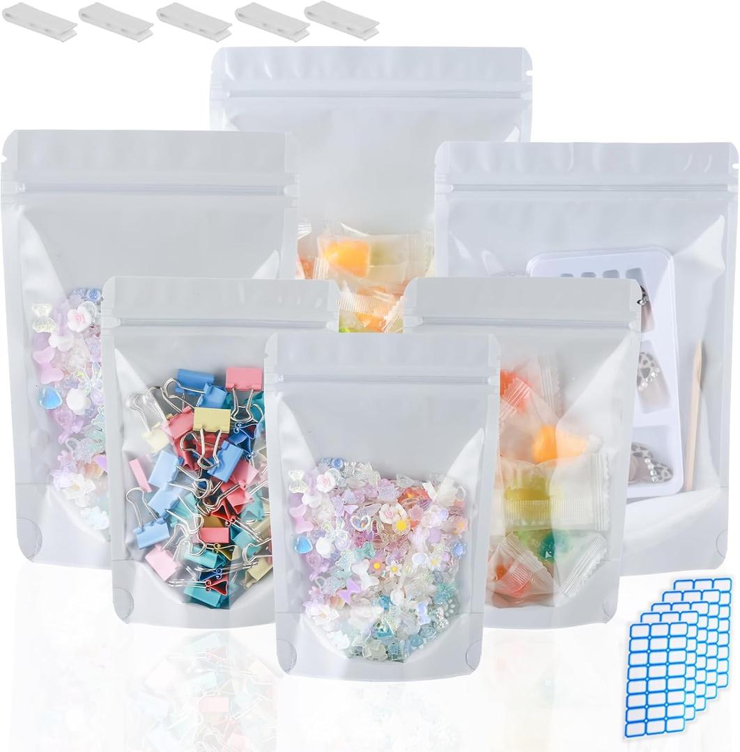 200 Mylar Bags for Food Storage 5X8 Mylar Bags with Window Candy Packaging Resealable Bags White Stand Up Pouches Edible Packaging for Small Business