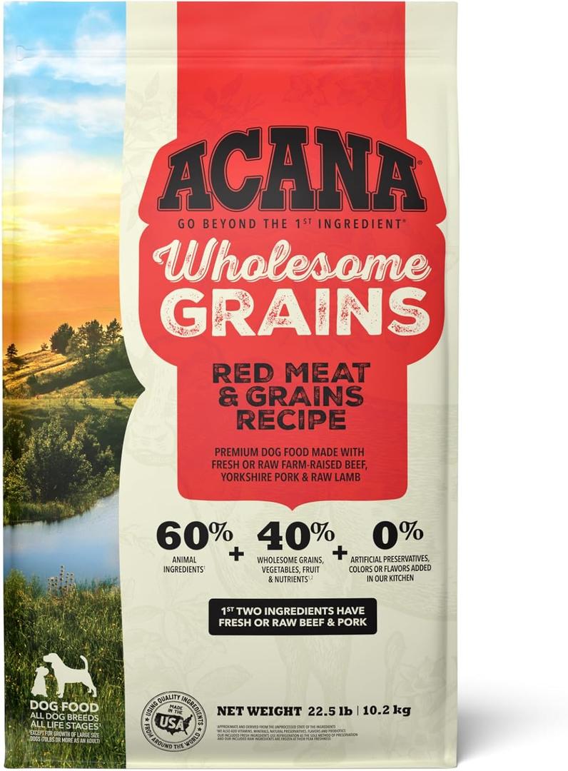 ACANA Wholesome Grains Dry Dog Food, Red Meat and Grains, Gluten Free, Beef, Pork, and Lamb Recipe, 22.5lb (22.5 Pound (Pack of 1))