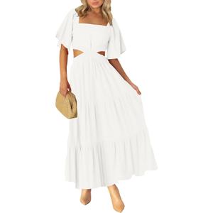 LEANI Women's 2025 Summer Cutout Maxi Dress Square Neck Short Sleeve Crossover Waist Casual Party Dresses (Medium, White)