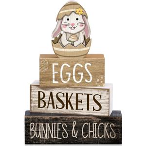 Lineshading 4 Pcs Easter Bunny Table Decoration Wooden Rustic Bunny 3-Tier Wooden Stacked Decor with 3D Hatching Rabbit Farmhouse Decor for Home Kitchen Dining Room, Easter Party Centerpiece Gift