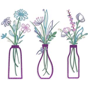 Pigort 3 Pieces Metal Flowers Wall Arts - Rustic Farmhouse Decor Purple Minimalist Flower Wall Decors for Living room Bathroom Bedroom Dining Room-Housewarming Gifts(Purple, Vase-C)