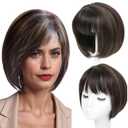 CROWN GUIDE Short Bob Hair Toppers for Women Thinning Hair 10 Inch - 360 3D Cover Wispy Bangs Hair Pieces for Women, Synthetic Hairline Wigyy Wig Topper with Bangs - Chestnut Brown with Highlights