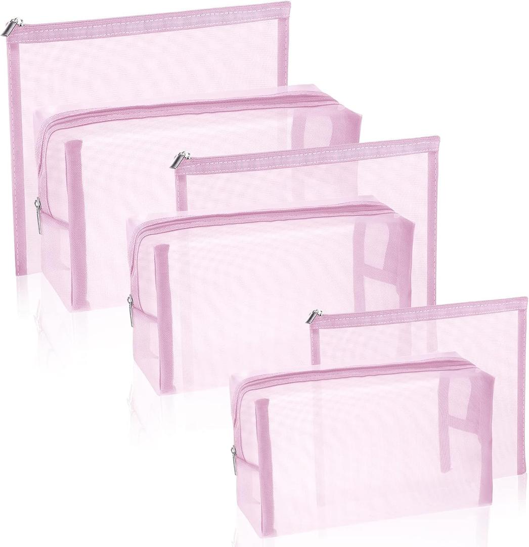 6 Pieces Mesh Makeup Bags Mesh Cosmetic Bag Portable Travel Organizing Zipper Pouch Toiletries Makeup Pouches for Home Office Travel Accessories (Light Pink)