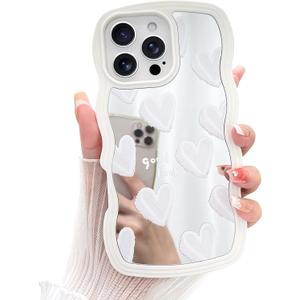 LSL Case for iPhone 16 Pro Max, Glossy Mirror Back White Hearts Pattern Case for Girls Women Curly Wave Edge Cute Girly Trendy Slim Protective Cover