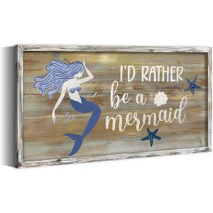Rustic Mermaid Framed Wall Art: Modern Wooden Ocean Theme Painting Wood Decor Vintage Sea Life Artwork Coastal Starfish Picture Prints for Bathroom
