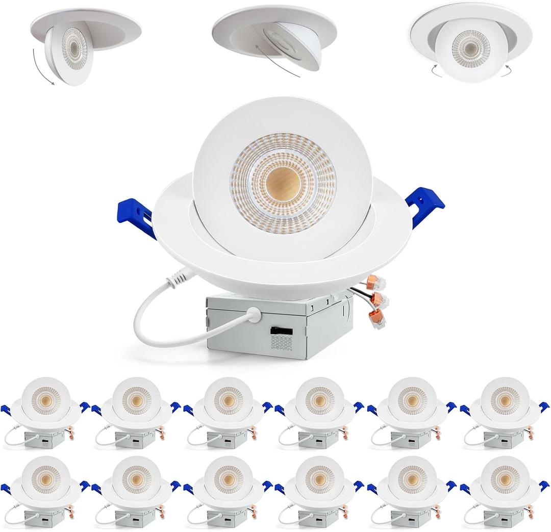 Adetu Recessed Lighting 6 inch, 360+90 Adjustable Directional 6 inch Gimbal Led Recessed Light, 2700K-5000K 5CCT Dimmable Retrofit Eyeball Can Recessed Lights with Jbox, ET (White-12 Pack)