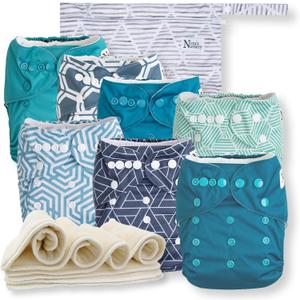 Nora's Nursery Cloth Diapers 7 Pack with 7 Inserts & 1 Wet Bag - Waterproof Cover,Washable, Reusable & One Size Adjustable Pocket Diapers for Newborns and Toddlers-Dimensional Blues