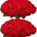 Wondrus Bulk Artificial Flowers 50 PCS, Fake Velvet Silk Red Roses with Long Stems Realistic Bouquet for Wedding Centerpieces, Faux Arrangement for Home Table Decor