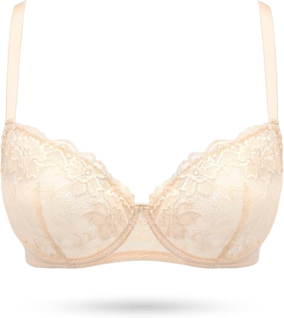 Women's Balconette Lace Bra Sexy Unlined Sheer Bras Demi See Through Underwire Lift Bralette