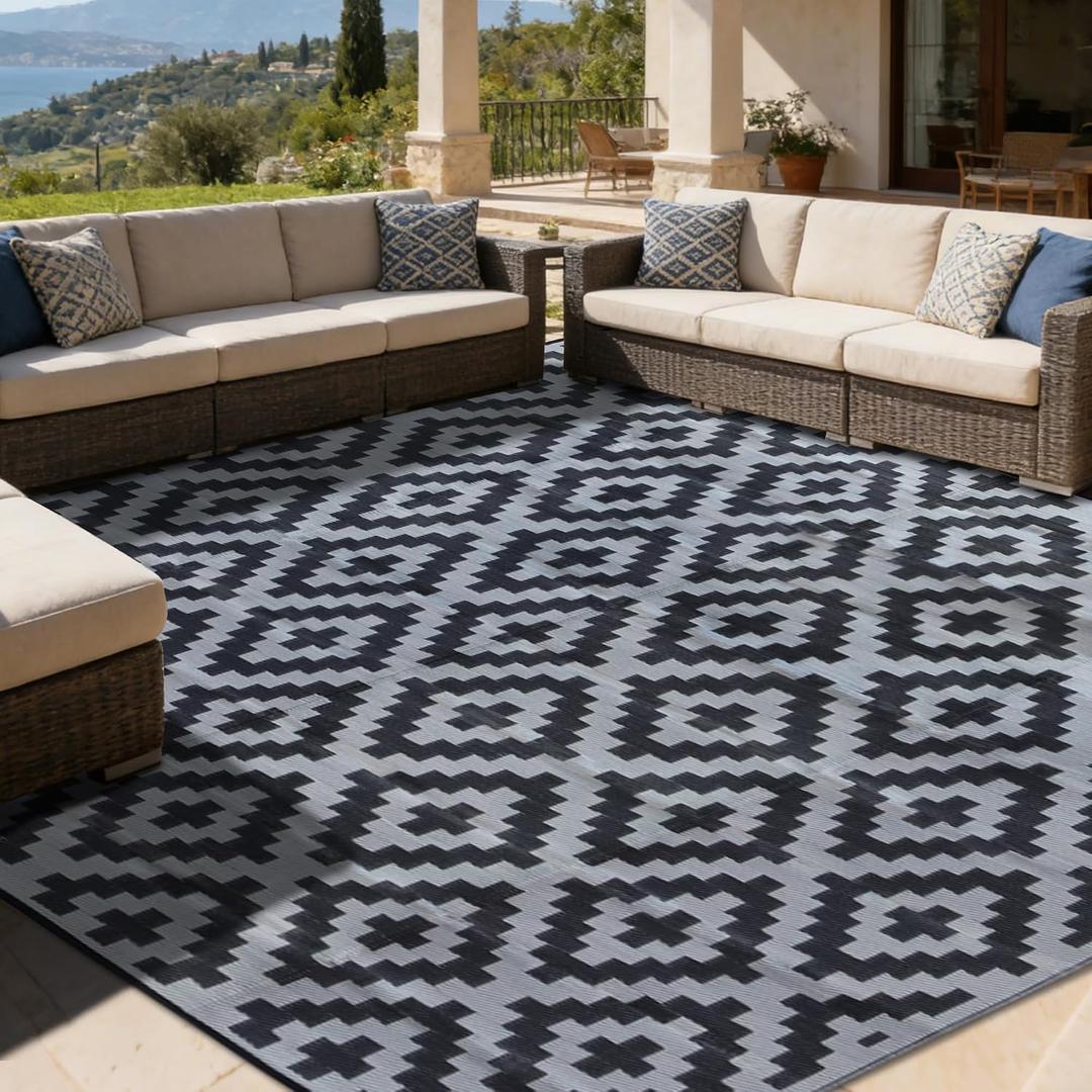 SAND MINE Waterproof Outdoor Rug, Plastic Reversible Rug, Modern Area Rug, Large Floor Mat for Outdoors, RV, Patio, Backyard, Deck, Picnic, Beach, Camping (10' x 10', Black Grey Lattice)