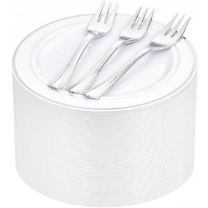 WELLIFE 240PCS Silver Plastic Dessert Plates - Includes 120PCS Silver Forks, 120PCS 6.3 Inch Salad & Appetizer Plates - Perfect for Weddings & Parties