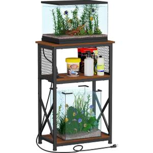 Snughome 10 Gallon Fish Tank Stand with Power Outlets, Aquarium Stand with Storage, 3 Tier Heavy Metal Reptile Tank Stand Fish Tank Shelf 20.47" x 11.42" x 30.91", Rustic Brown