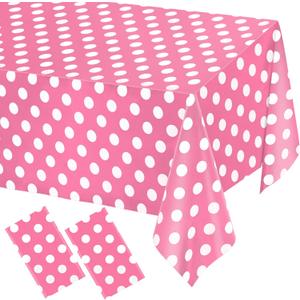 WNINK 2 Pack Pink and White Polka Dot Tablecloths Pink Disposable Plastic Waterproof Table Cover, 54" x 108", for Birthday, Wedding, Bridal Shower, Bachelor, Pink Girl Party, and Picnic