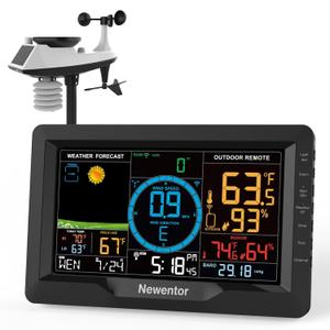 Newentor Weather Station with Rain Gauge and Wind Speed, Weather Stations Wireless Indoor Outdoor, Atomic Clock Thermometer with Wind Meter/Direction, Temperature Humidity Alert, Solar Powered, Dark