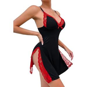 Sexy Split Side Floral Lace Trim Full Slip Night Gown Babydoll Lingerie Dress with Thong 2 piece L