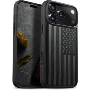 Carveit Magnetic Wooden Case for iPhone 17 Pro Case, Wood Artisan Engraved & Black Soft TPU Shockproof Cover, Compatible with MagSafe Wireless Chargers (The Classic American Flag) Blackwood