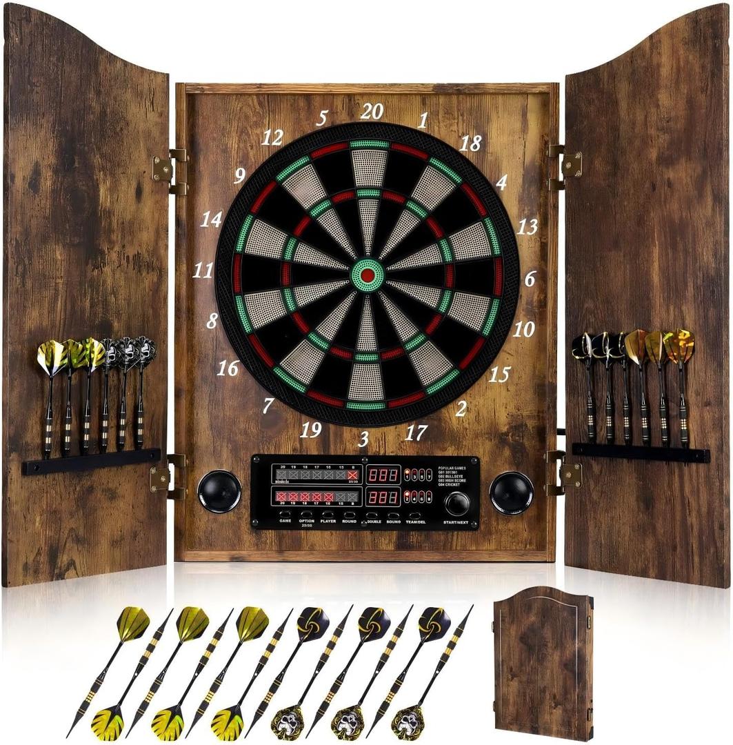 Electronic Dart Board, Decorative Dart Board Cabinet Set for Adults [12*Bronze Soft Tip Darts] [Cricket Game Mode]- Wooden Electric Dartboard Cabinet for Family Game Rooms